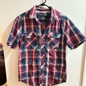 Machine Custom Co Mens Red Navy‎ Blue Plaid Short Sleeve Button Down Shirt Small